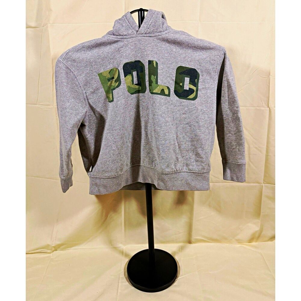 Polo Ralph Lauren Boys Size S Gray/Green Camo Logo Pullover Hoodie Fleece
